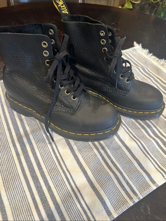 Dr. Martens Shoes - Dr. Martens Black Leather 8-Eye Boots with Yellow Stitching